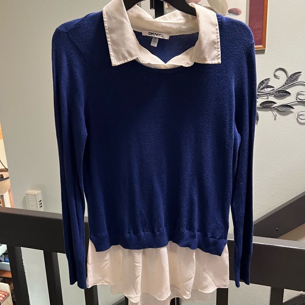 DKNY Blue Sweater with White Blouse Under-layer #168